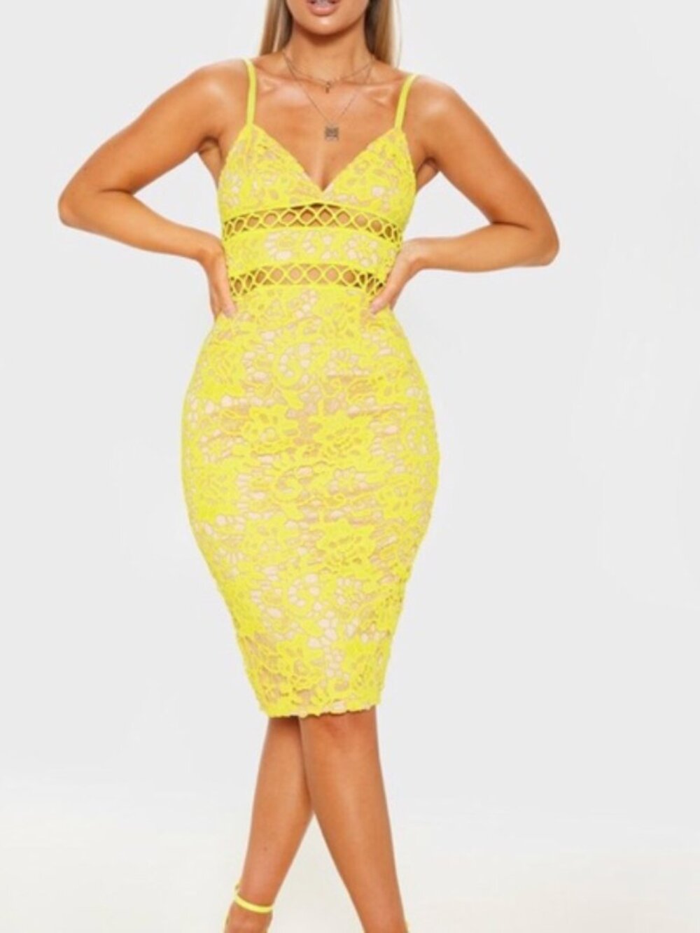 PRETTY LITTLE THING SZ 12 Yellow Lace Crochet V-neck Sexy Bodycon Midi Dress